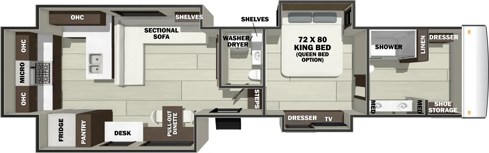The RIVERSTONE 43BFC floorplan has one entry and four slide outs. Exterior features include: fiberglass exterior and 13'6" & 20' awning. Interiors features include: rear kitchen and bathroom and a half.